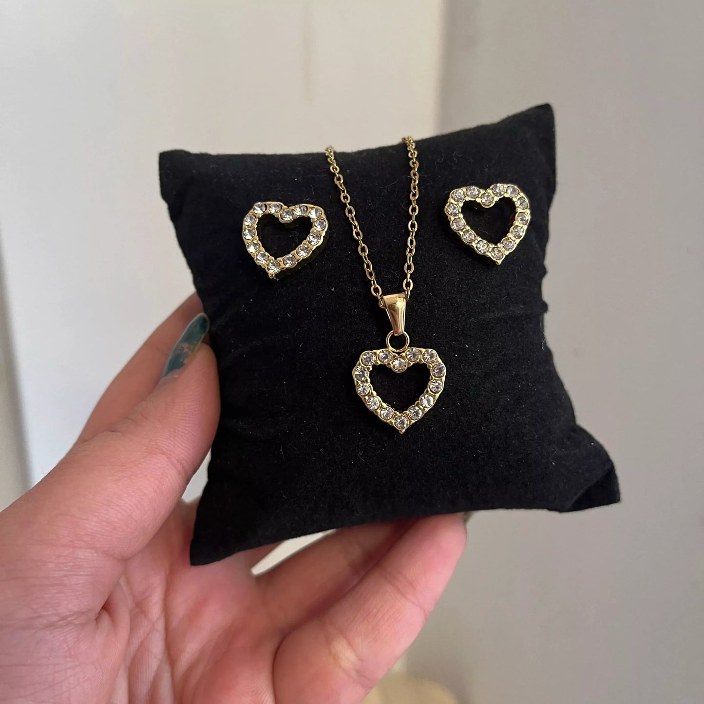 Studded Heart Necklace Earrings Set