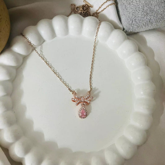 Bow Pink Drop Rosegold Necklace
