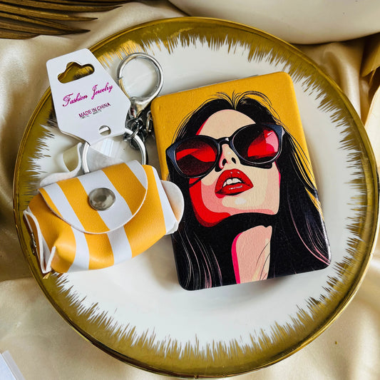 Double Mirror Diva Keychain with small pouch- Yellow