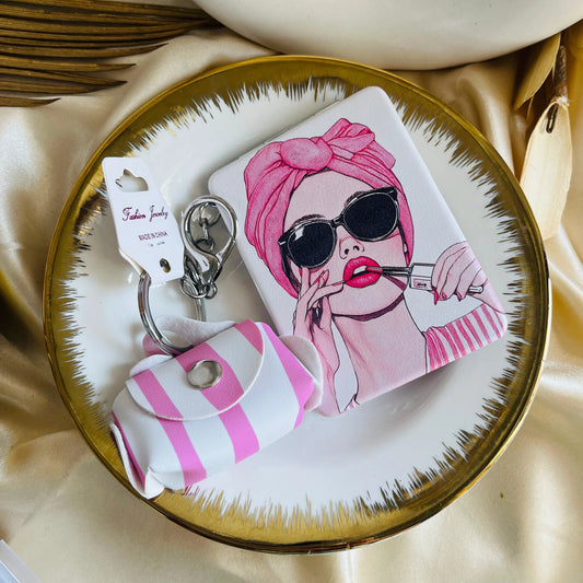 Double Mirror Diva Keychain with small pouch- Pink