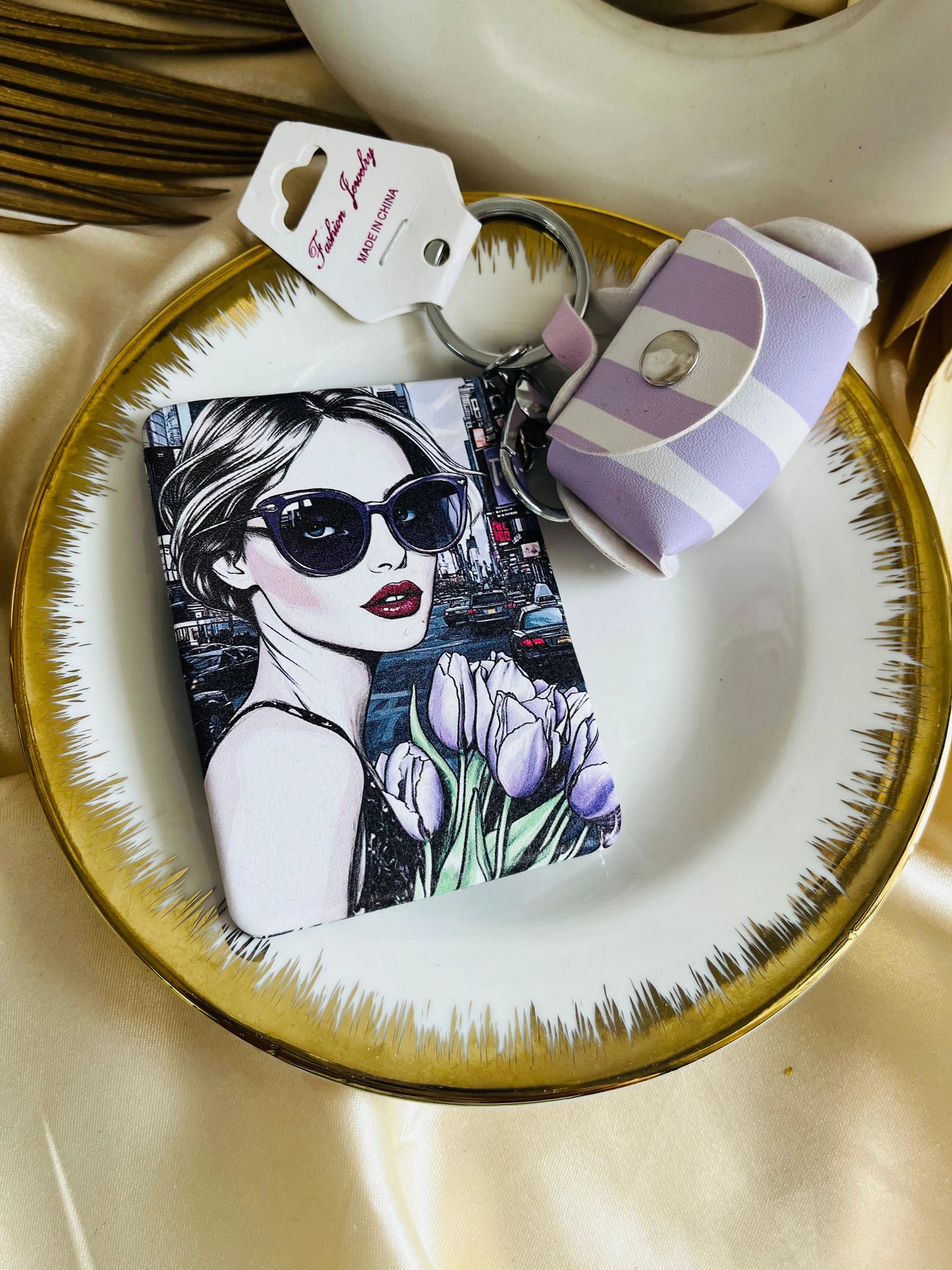 Double Mirror Diva Keychain with small pouch- Purple