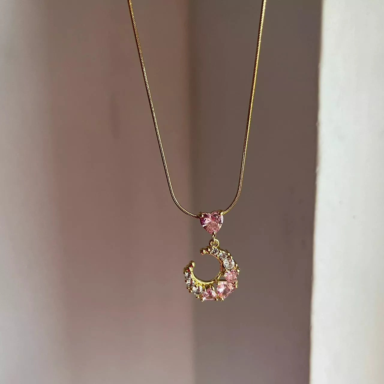 Pink Heart with Moon Necklace