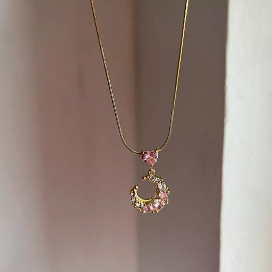 Pink Heart with Moon Necklace