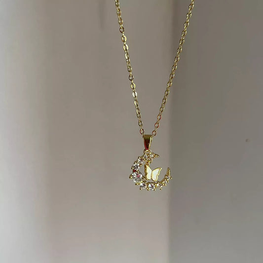 Butterfly Hanging Moon Necklace