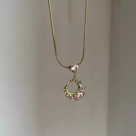 Pink Heart with Moon Necklace