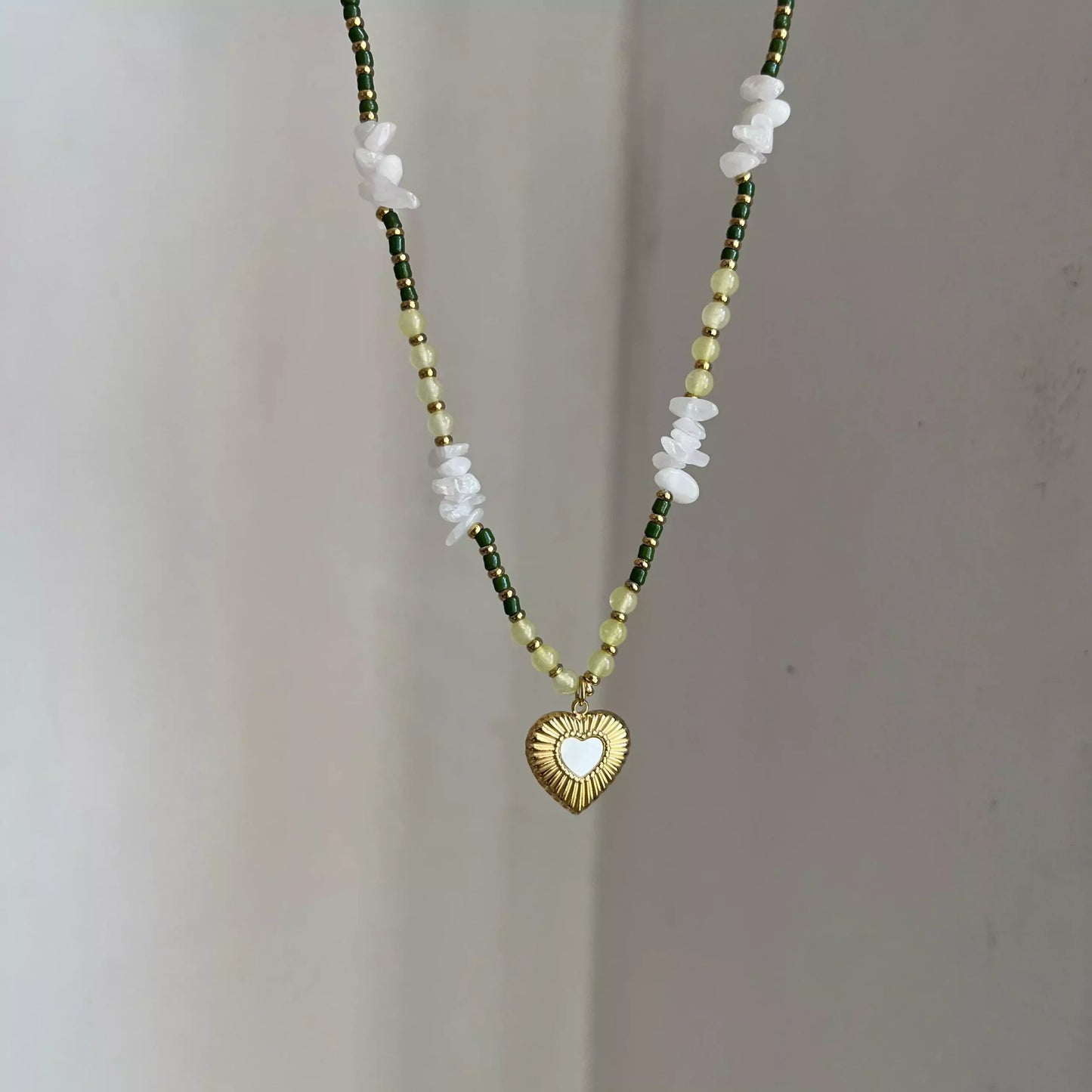 White Heart Green beads Necklace