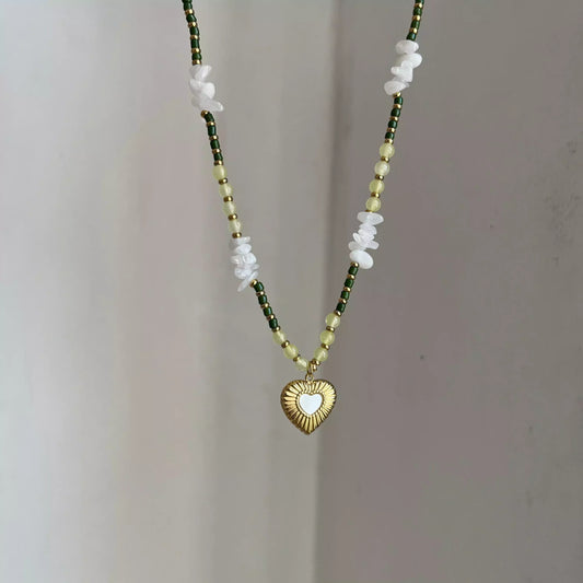 White Heart Green beads Necklace