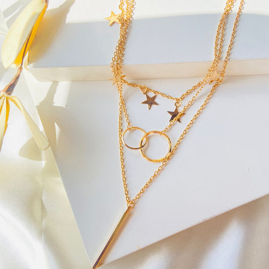 Triple Layered Chain With Star, Hoops and Bar