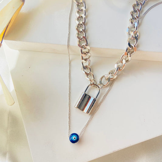 Stylish Silver Lock With Evil Eye Necklace