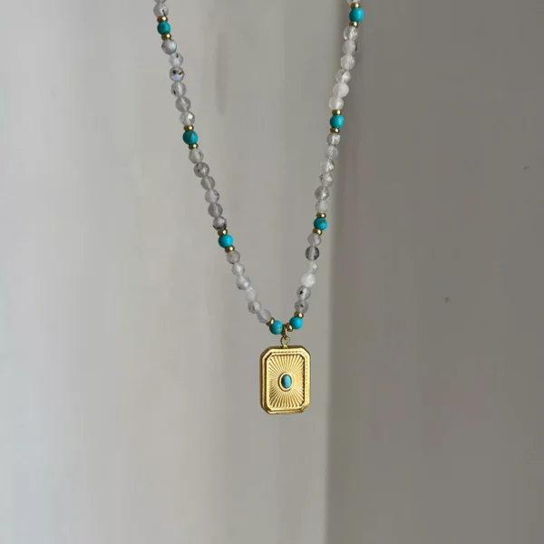 Turquoise Block Beaded Crystal Necklace