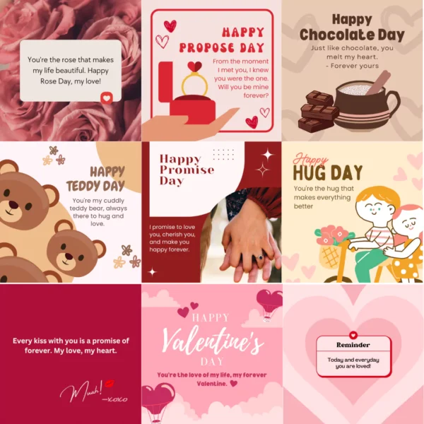 Valentine’s Week Cards Set (9 mini cards with special messages) - Image 2